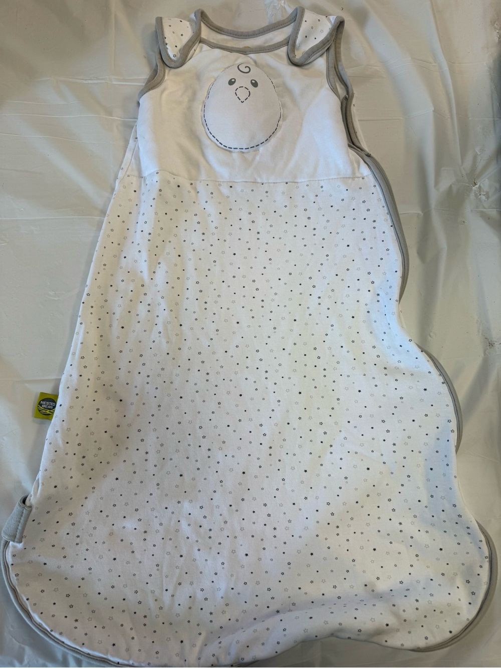 Nested Bean White Sleep Sack with Gray Trim and Subtle Dot Print